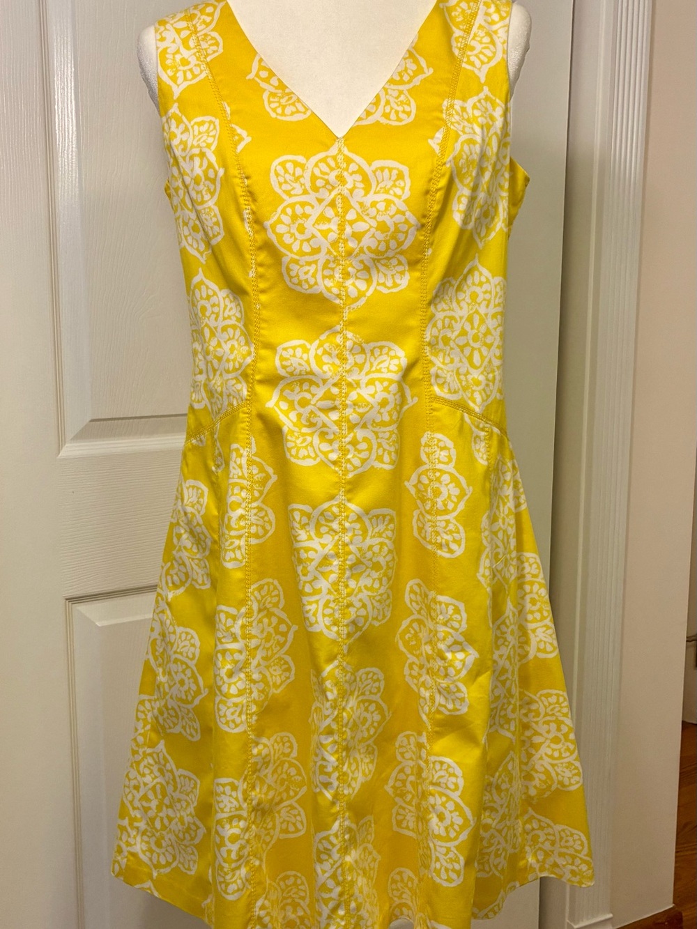 Nine West Yellow and White V-Neck Fit-and-Flare Dress